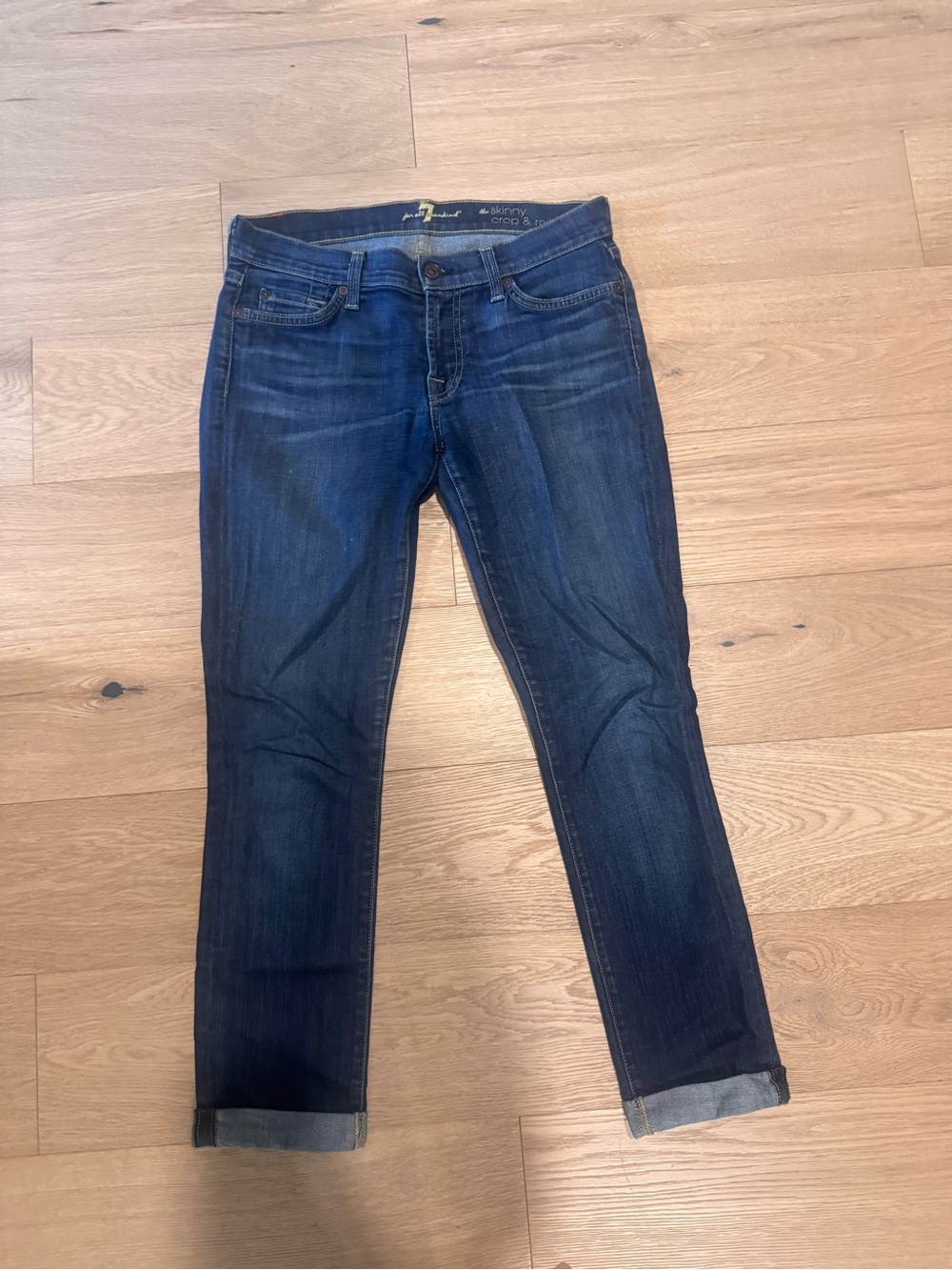7 For All Mankind Skinny Crop & Roll Jeans - Medium Blue with Yellow Stitching